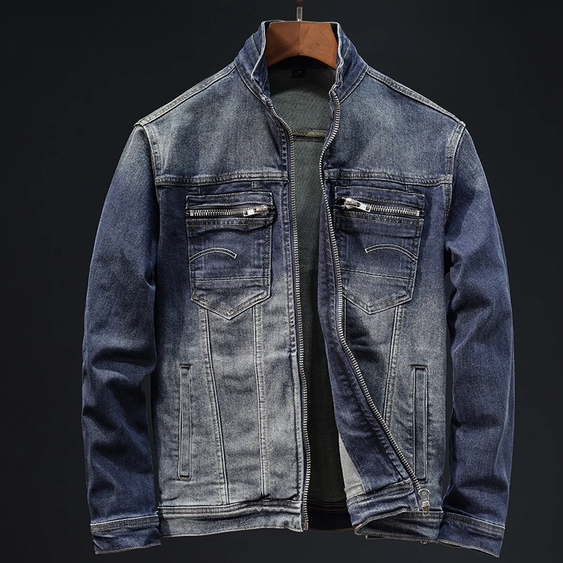 2024 new autumn and winter zipper pocket motorcycle denim jacket men's fashion brand nostalgic Slim retro jacket