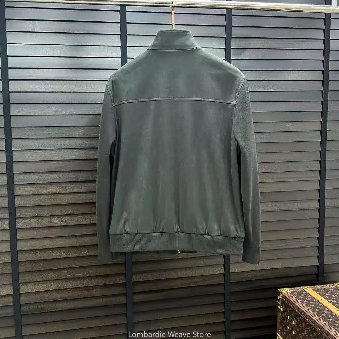 سترة LP من جلد الغزال الإيطالي برقبة واقفة وأكمام محبوكة كاجوال مطرزة #4