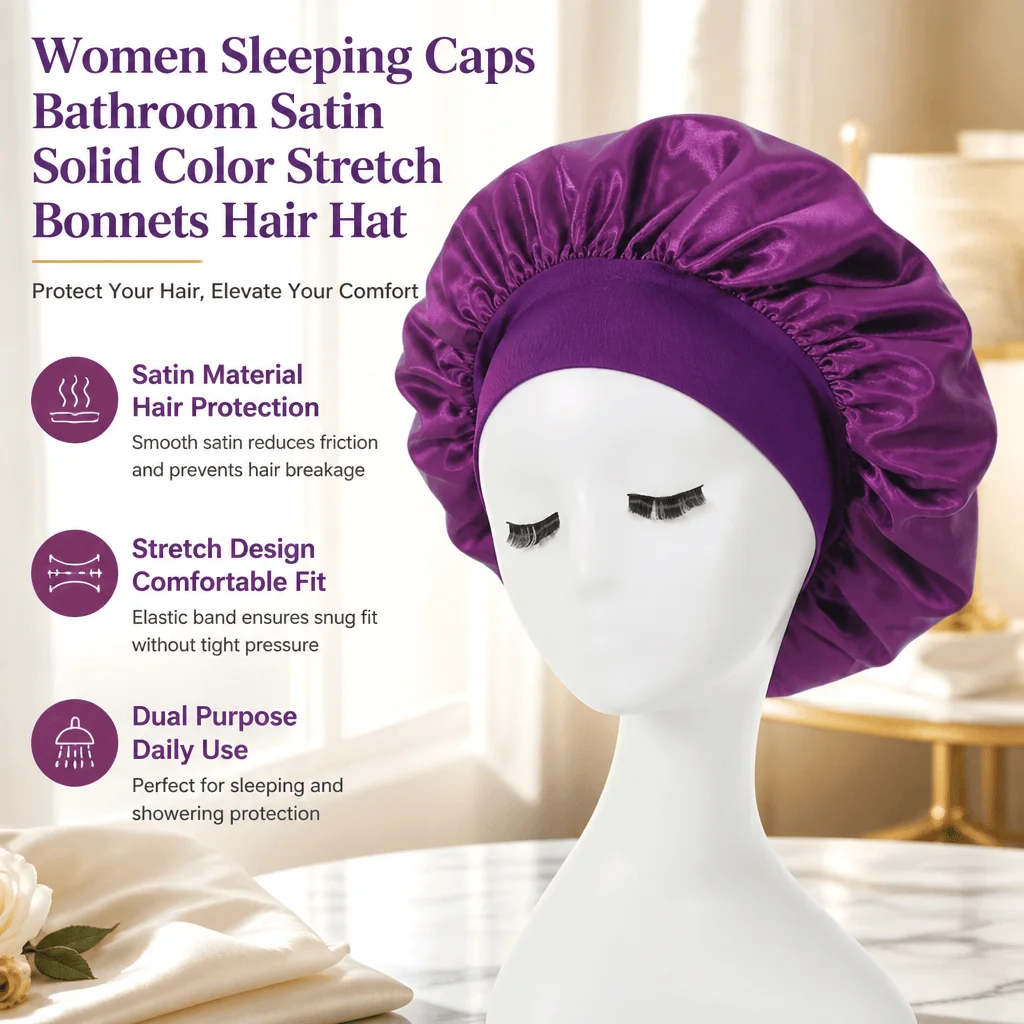 Satin Sleeping Cap Women Bonnet Shower Cap Silk Hair Wrap Night Cap Hair Protection Stretch Fit All Seasons Bathroom Hair Cover