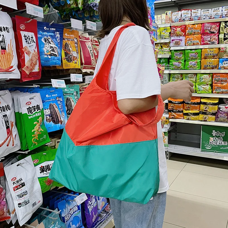 Folding Shopping Bag Dual Color Splicing Environmentally Friendly  Large Capacity Portable Bags