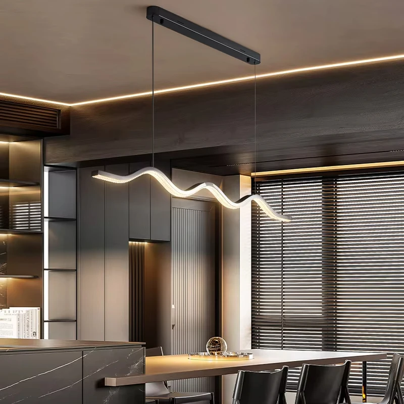 Wave design modern led chandelier for dining room brief kitchen island hanging light fixture home decor black acrylic lamp