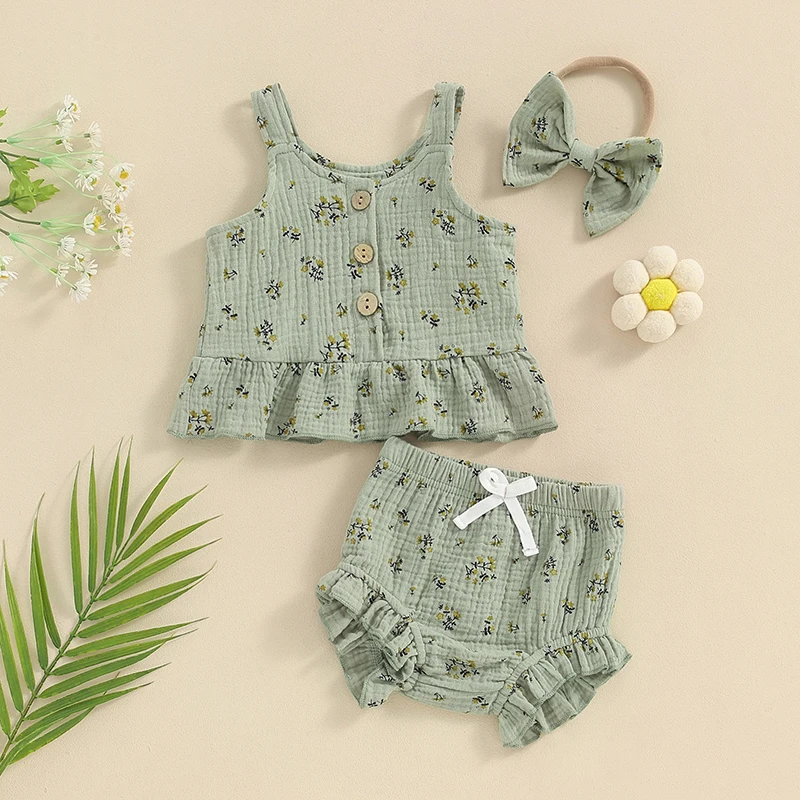 

Summer Toddler Newborn Baby Girl Clothes Set Cotton Sleeveless Tank Tops Floral Print Shorts Headband Infant 3Pcs Outfits