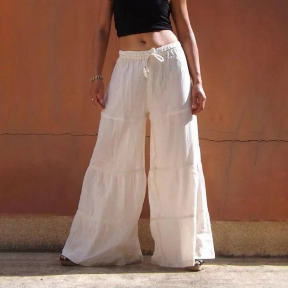 2025 calças femininas cintura elástica calças de perna larga cor sólida rendas verão elástico queimado calças streetwear calças largas