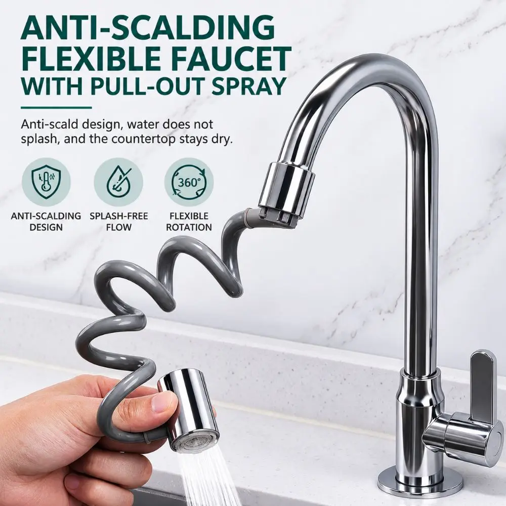 Splash-Proof Faucet Sprayer Head 2-Mode Adjustable Thickened Kitchen Faucet Extender Universal Thread Spring Pull-Out Hose