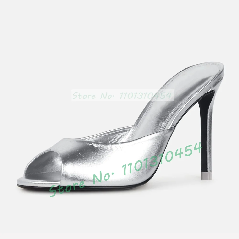 Gold Metallic Peep Toe Mules Women Trendy Smooth Leather Stiletto High Heels Slippers Ladies Elegant Party Silver Dress Shoes