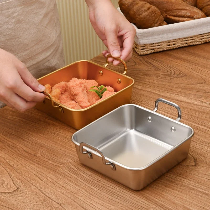 

Stainless Steel Square Food Storage Serving Trays with Handle Tiramisu Snack Pan Kitchen Fruit Vegetable Plate BBQ Flat Dish