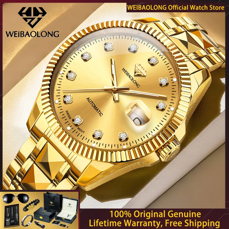 WEIBAOLONG 3802 Real Diamond Men Watch Swiss Movement Automatic Mechanical Watch Tungsten Steel Luxury All Gold Men Watch Gift