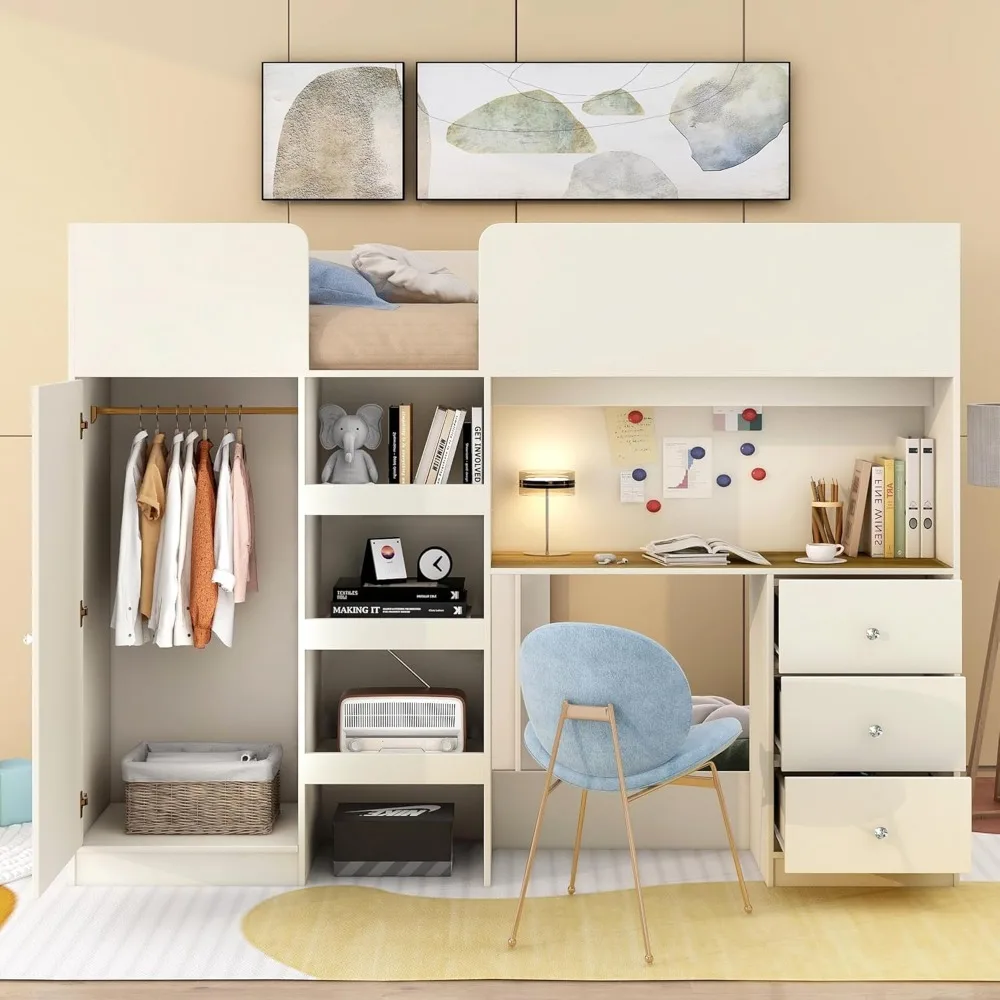 

Full-Size Loft Bed with Desk, Wooden Frame with Integrated Wardrobe, Storage Shelves and Drawers"