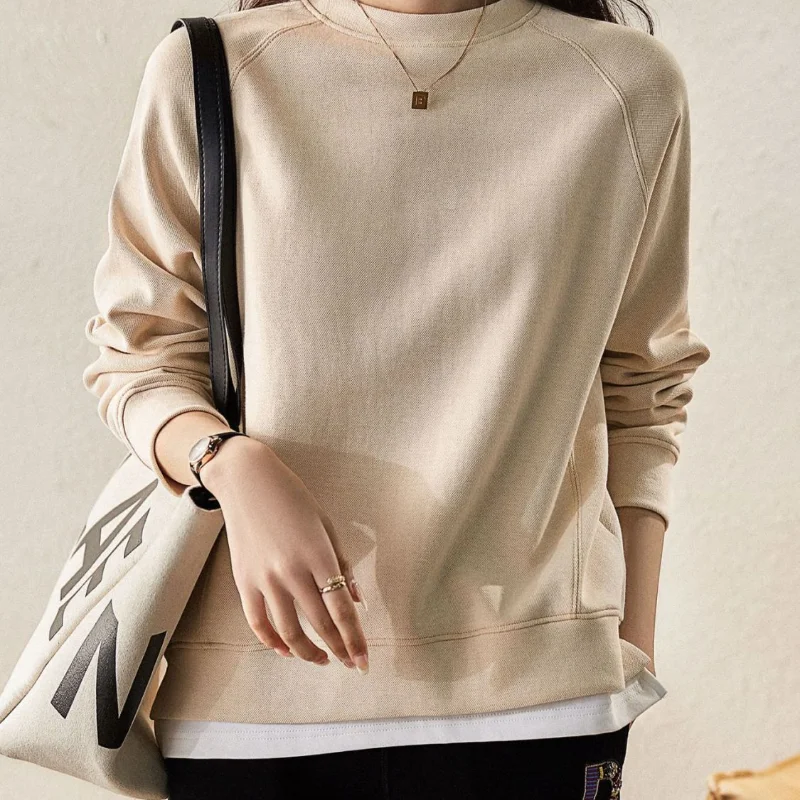 Pure Cotton Fake Two Piece Round Neck Sweater Long Sleeved Women\'s Spring and Autumn Thin Style New Loose Short Lady Top