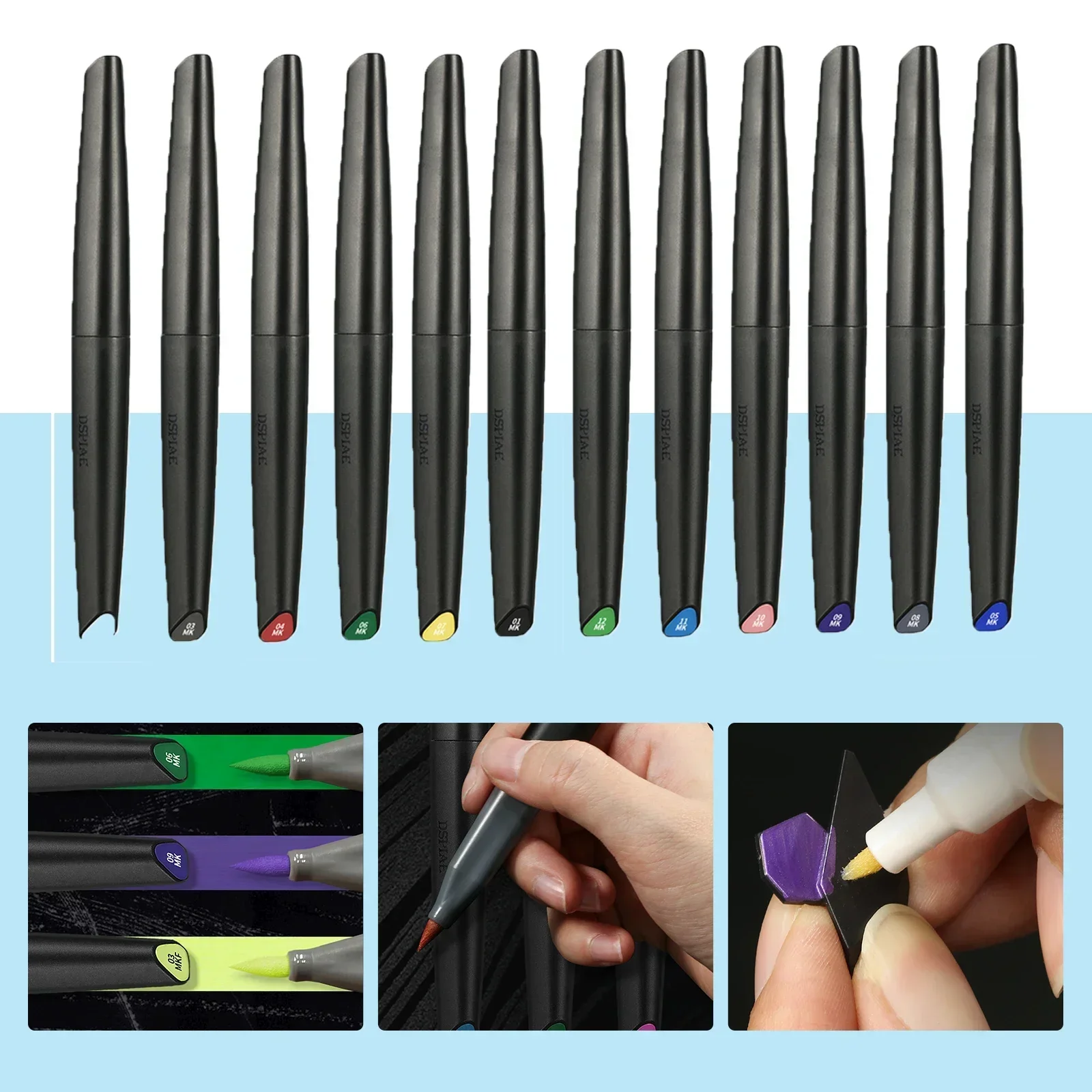 Dspiae 12 สีชุดปากกาแปรงน้ํา Soft Tip Markers เป็นมิตรกับสิ่งแวดล้อมสีฐานเรืองแสงเมทัลลิคสําหรับศิลปะหัตถกรรมการวาดภาพ