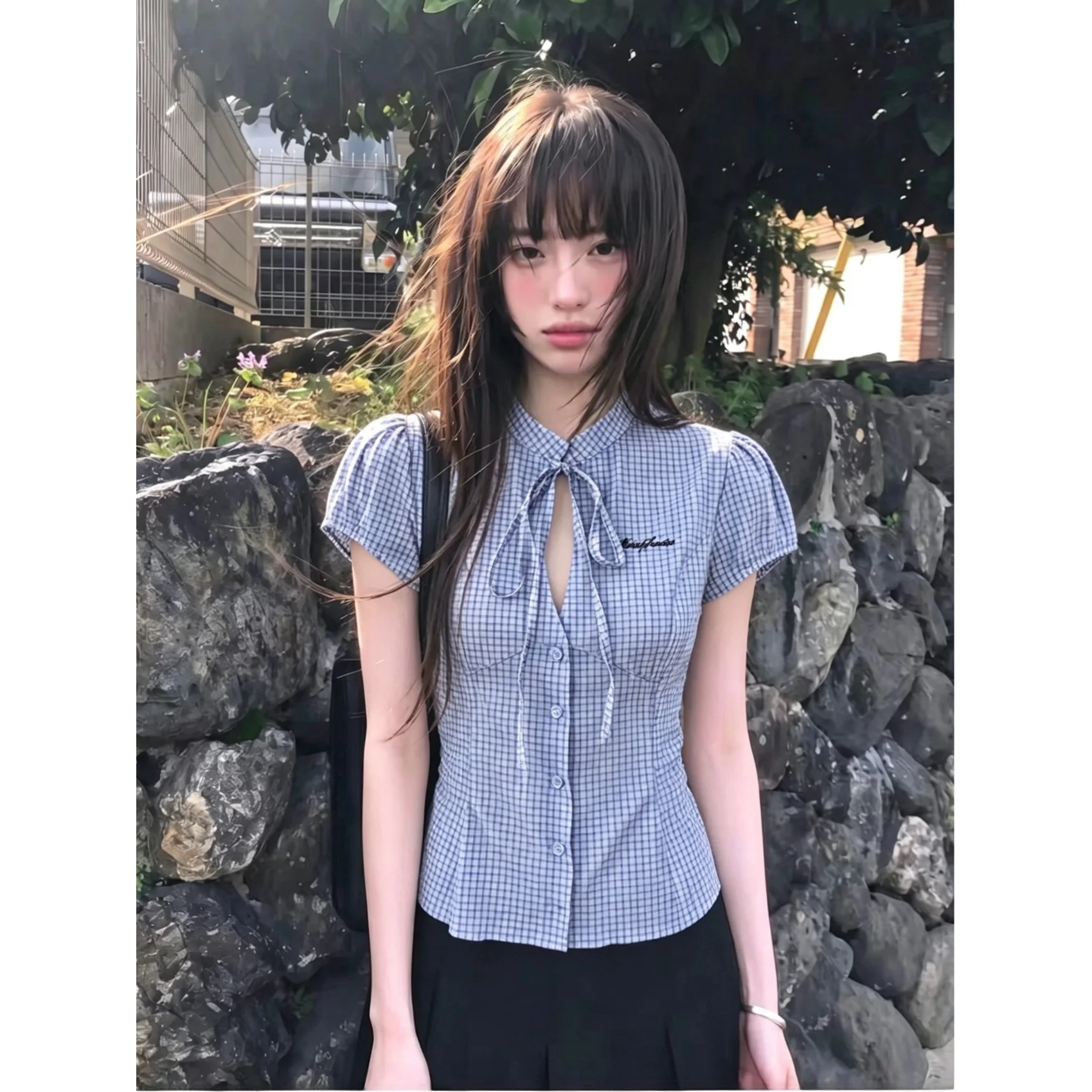 

Premium Quality Korean Style Plaid Short Sleeve Shirt Women's Summer Knot Hollow Belted Waist Shirt Casual Wear