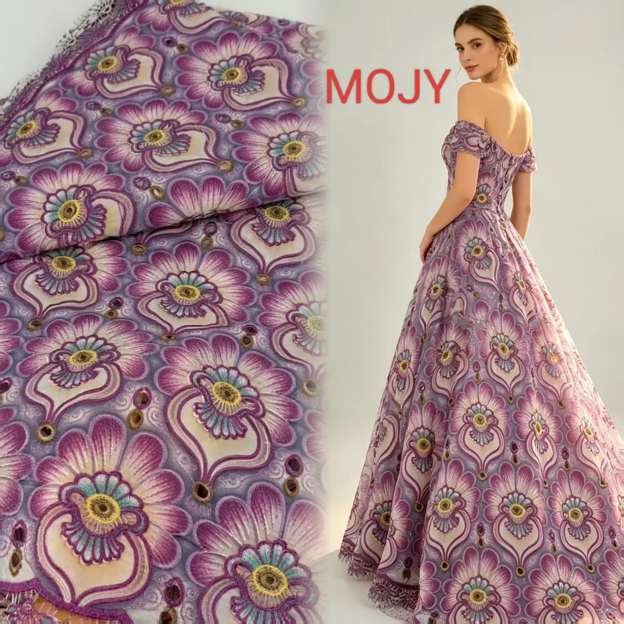 Purple Multi‑color Flower Embroidery Lace Cloth, Hollow Cutwork Lace For African Wedding Party Dress Sewing Supply