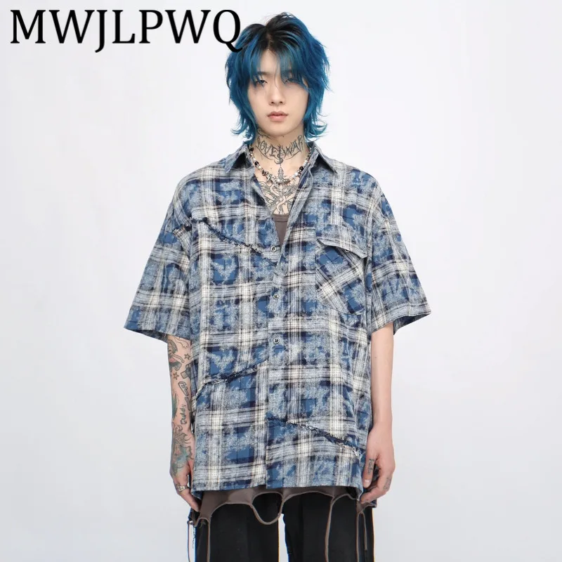 

MWJLPWQ American High Street Tie-Dye Split Patchwork Plaid Men's Shirts Trendy Design Sense Short Sleeve Niched Male Tops 21112