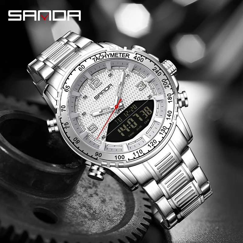 SANDA 6332 Men's Digital Watch Dual Display Multifunction Luminous Alarm Clock Sports Fashion Watches for Man reloj hombre