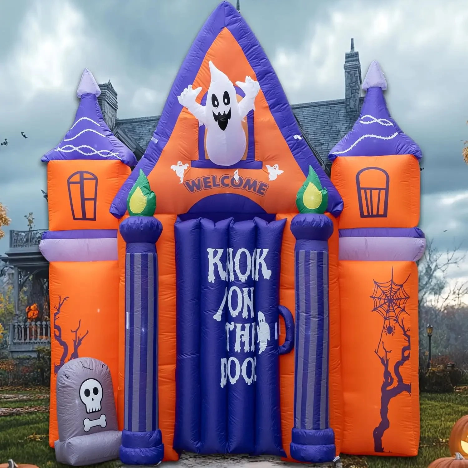 Halloween Inflatables 2024 New 10FT Castle Haunted House Arch Archway with Ghost Tombstone Removable Air Blower Bright LED Light