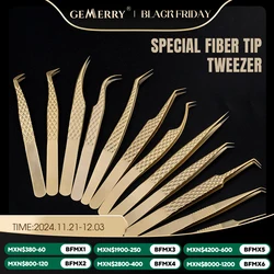 Gemerry  Eyelash Extension Tweezers With Fiber Tips Golden Stainless Steel High Precision Tweezer for Volume Fans Makeup Tools