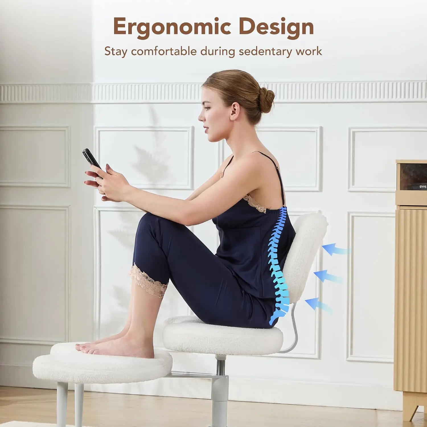 Ergonomic Cross Legged Chair with Wheels, 360° Swivel Meditation Chair, ADHD Chair, Criss Cross Desk Chair with Lumbar Support, Ivory view 6