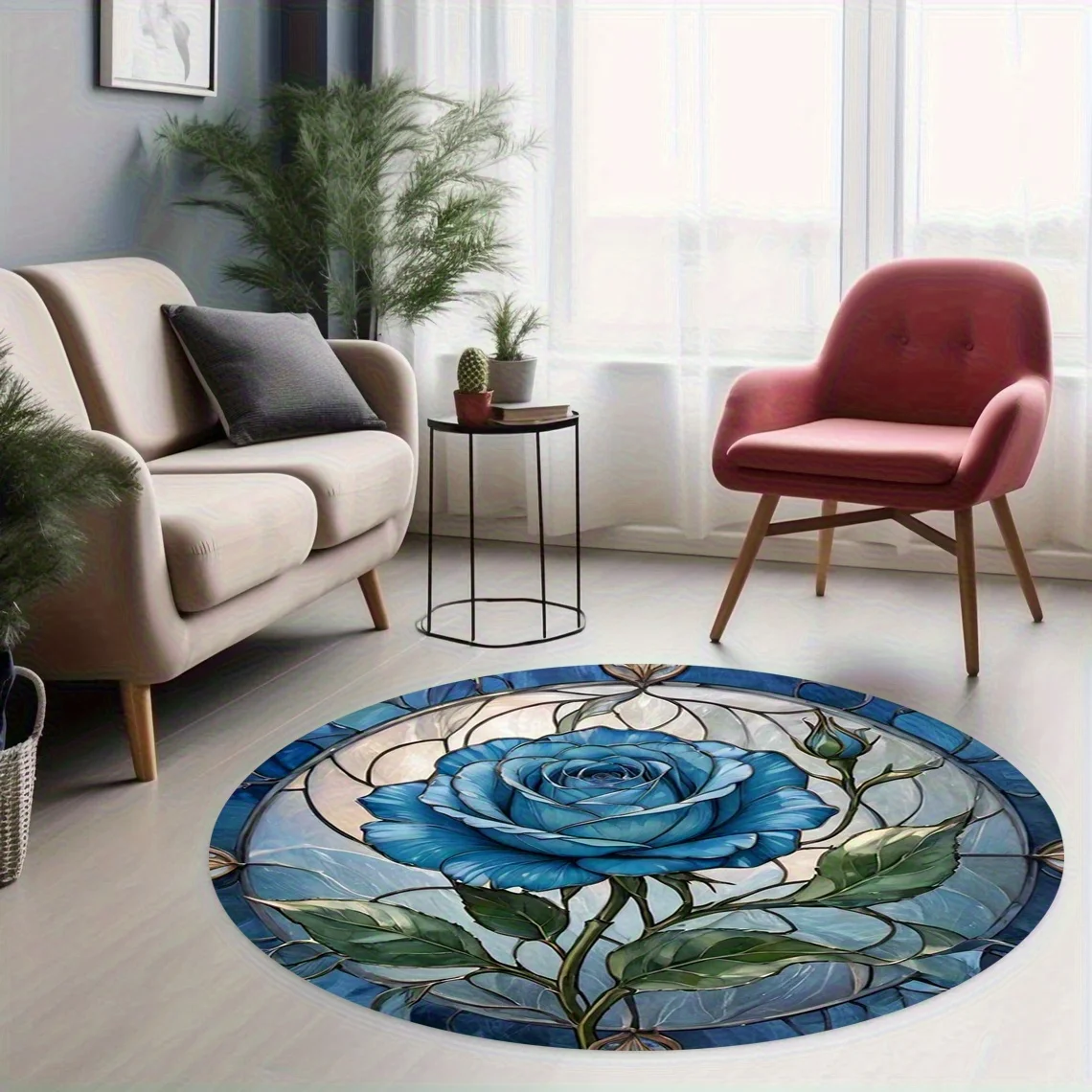

Crystal velvet carpet1pc Elegant Blue Rose Stained Glass Area Mat - Short Pile, Polyester, Machine-Made, Round Indoor Mat for Be