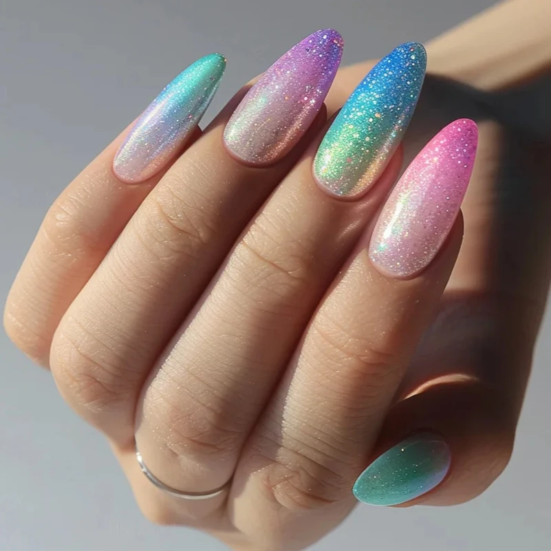 Dreamy Colorful Glitter Powder Gradient Shiny Sequins Almond Fake Nails Art False Nails Charm Tips Press on Nails Manicure Tools