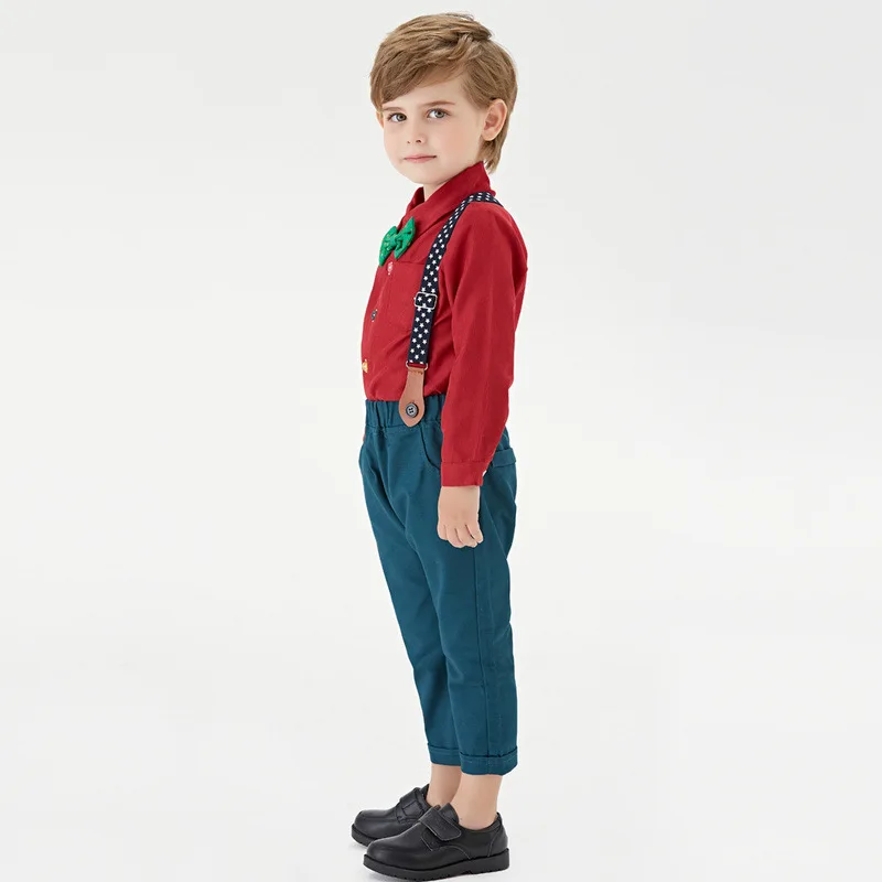 Autumn Christmas Children Clothes Boys Bow Tie Shirt Suspender Pants Two-Piece Set Long Sleeve Holiday Party Fashion Clothing