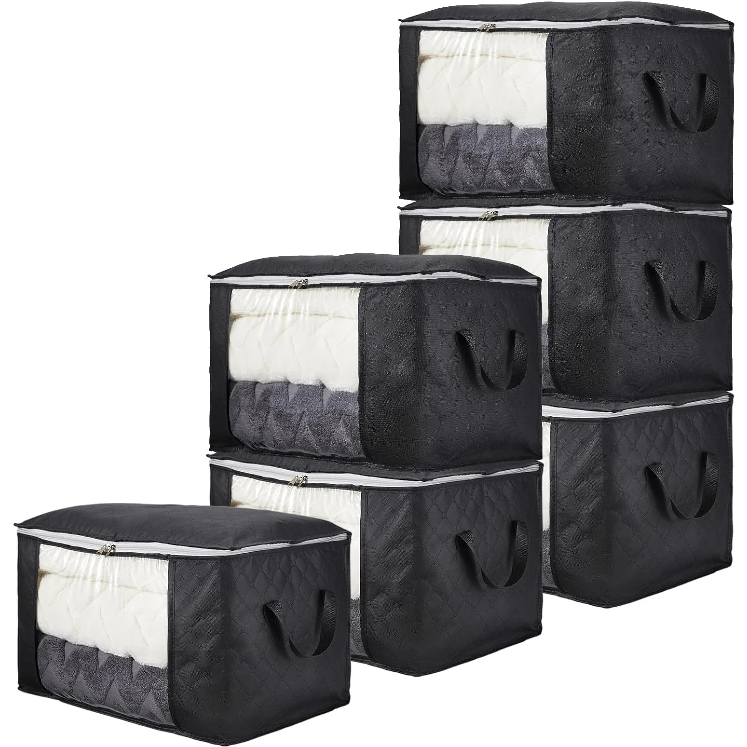 Heavy Duty Collapsible Fabric Storage Bins with Handles – Large Nonwoven Closet Organizer for Clothes, Blankets, Comforters – Space-Saving & Stackable Design – Set of 6, Black, 21.7 x 13.8