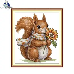 Zestaw do haftu krzyżykowego Joy SundayThe Squirrel With The Sunflower HD Pattern Printed Counted Fabric Aida 16/14/11CT Zestaw do haftu DIY