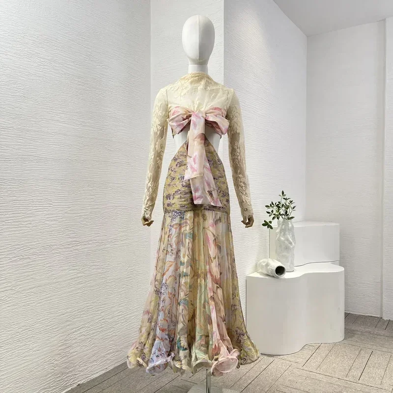 

Silk 2024 New Autumn Pleated Design Multi-color Floral Print Cut Out Long Sleeve Lace Patchwork Bow Women Maxi Dress