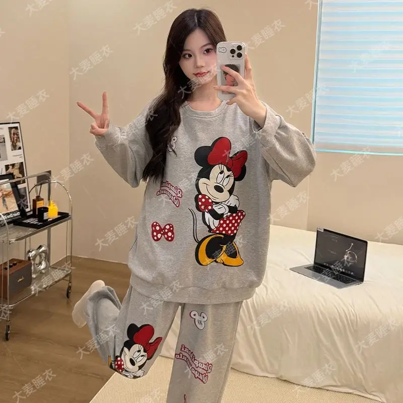 Pure cotton padded pajamas for women spring and autumn Mickey cartoon printed long-sleeved trousers two-piece home wear set