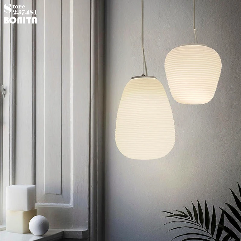 White Stripe Glass Pendant Light, Milky Glass Ball Chandelier with Wavy Thread Living Room Bedroom Dining Room Decoration Lamp