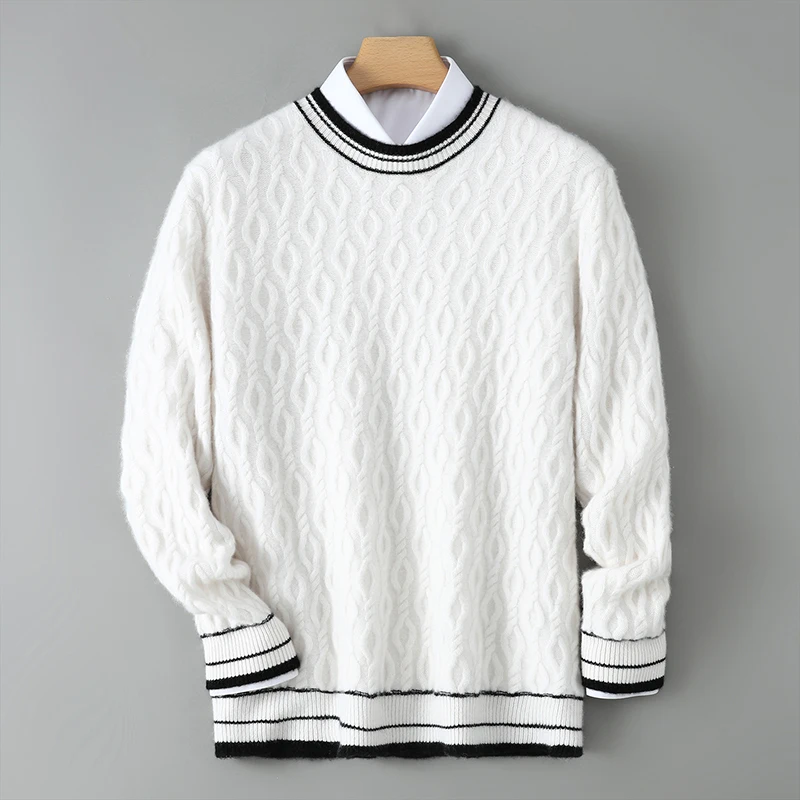 Men's 100% Merino Wool O Neck Raised Twist Cable Jumper Striped Contrast Neckline Cuff Hem Solid Fall Winter Latest Collection