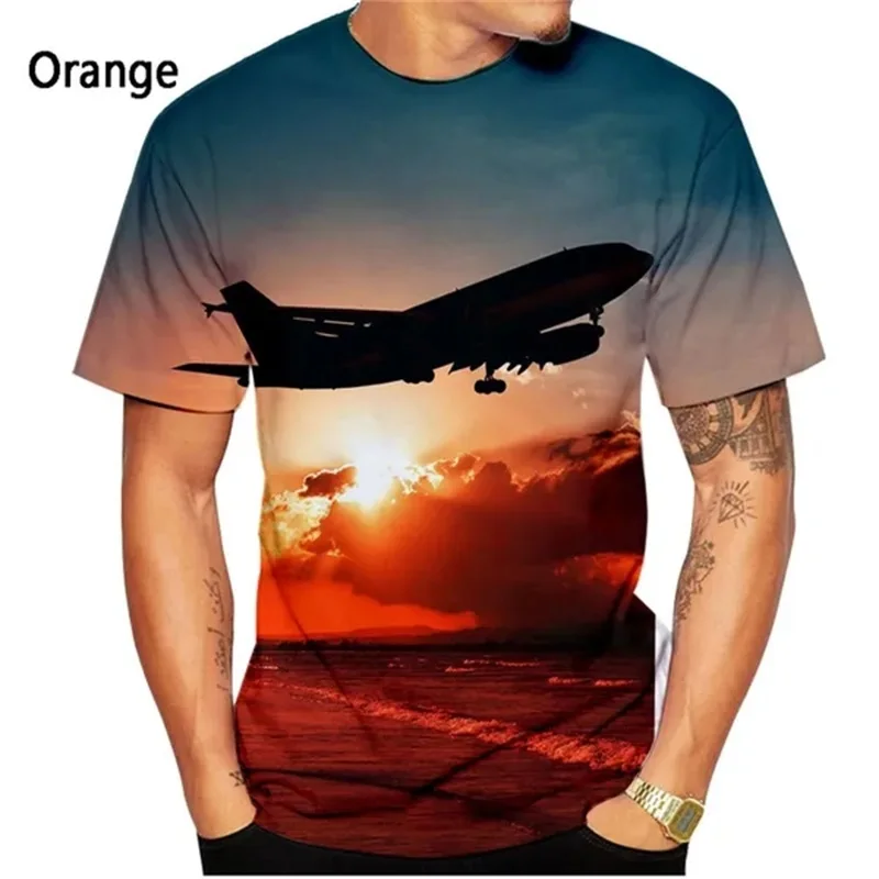 

Blue Sky And Plane Graphic T-shirt For Men Summer Casual Short Sleeve Tees Top Kids Round Neck Oversized Airplane Tshirts