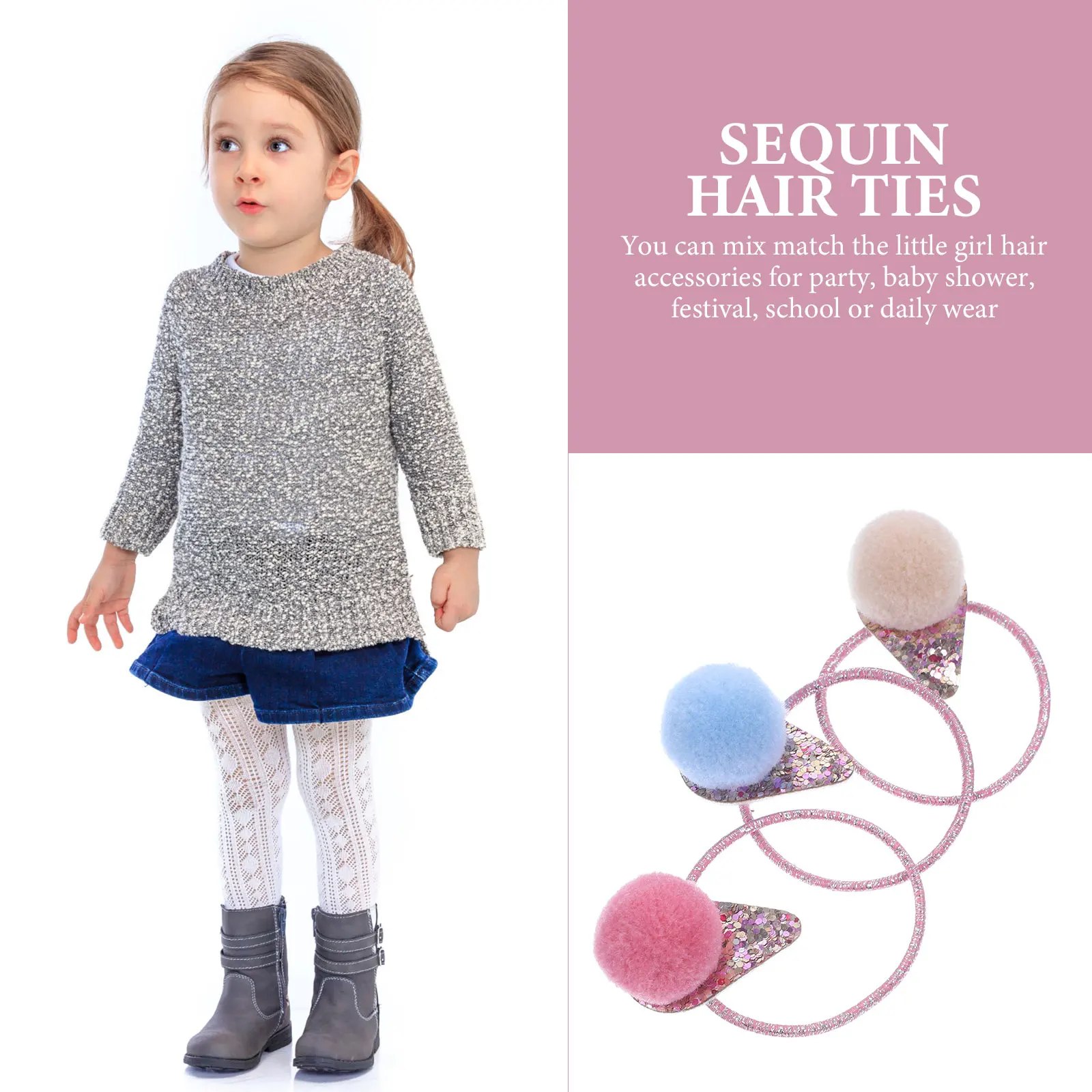 

12pcs Sequin Hair Ropes Resilient Baby Ponytail Holders Decorative Scrunchies For Toddler Girls Party School Daily Wear