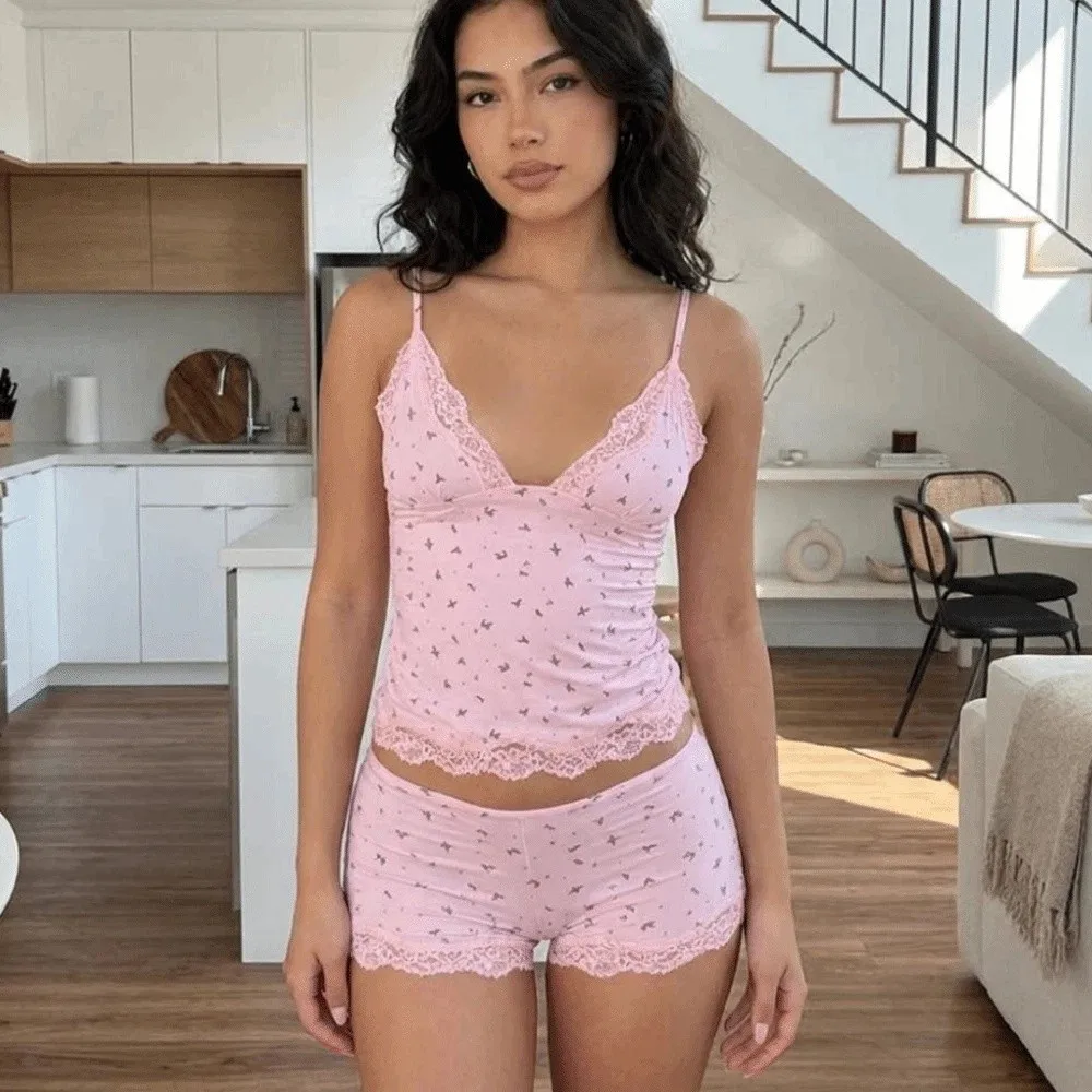 Two-piece Fashion Sexy Pajamas Set Pink Sleeveless Women Sleepwear Floral Lace Western Style Camisoles Tight Shorts Four Seasons