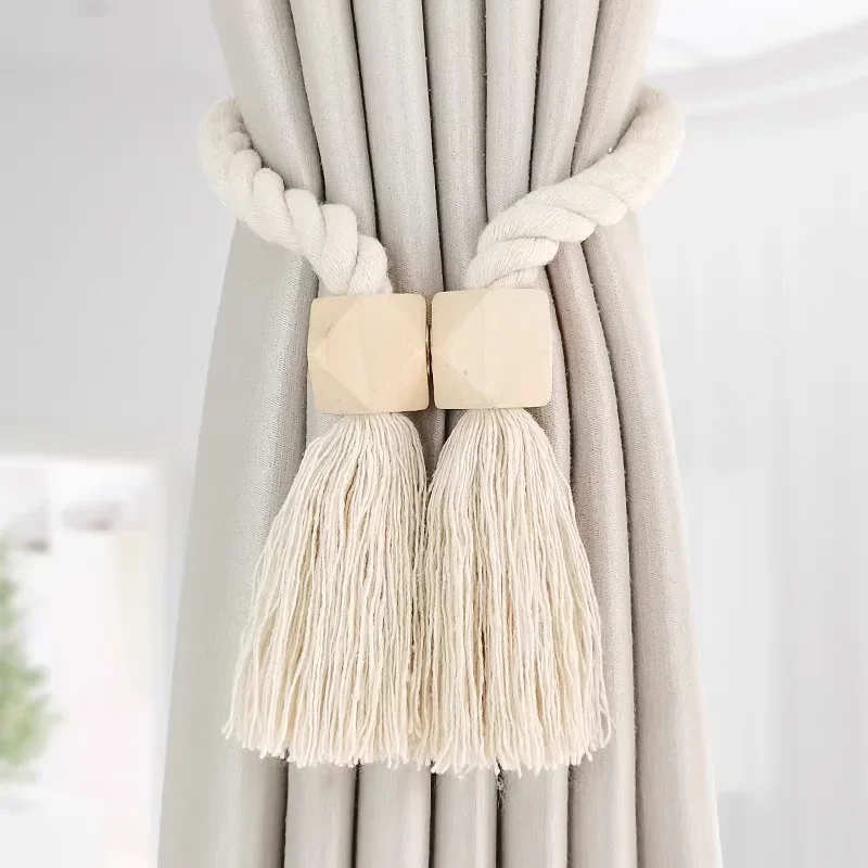 

2pcs wooden curtain straps, paired with magnetic absorption buckle rings, decorative creative tassel straps, rope straps, Nordic
