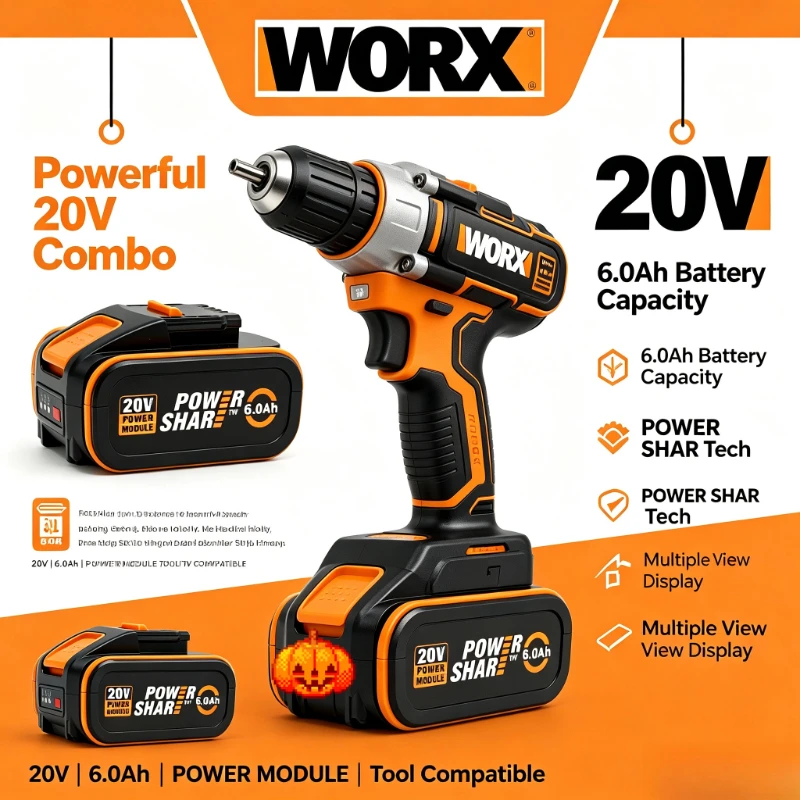 WORX 20V 6.0Ah 4Pin Lithium Battery WA3553 Replacement Battery LED Power Display for WORX WX802 WG546 Cordless Drilling Tools