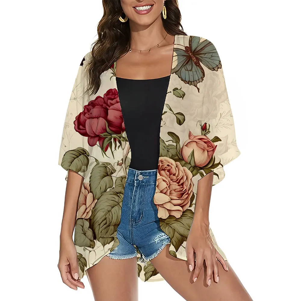 2024 Fashion Women's Floral Print Kimono Cardigan Puff Sleeve Cover Up Top Half Sleeve Shirt Sexy Bikini Swimsuit Kimono Coat