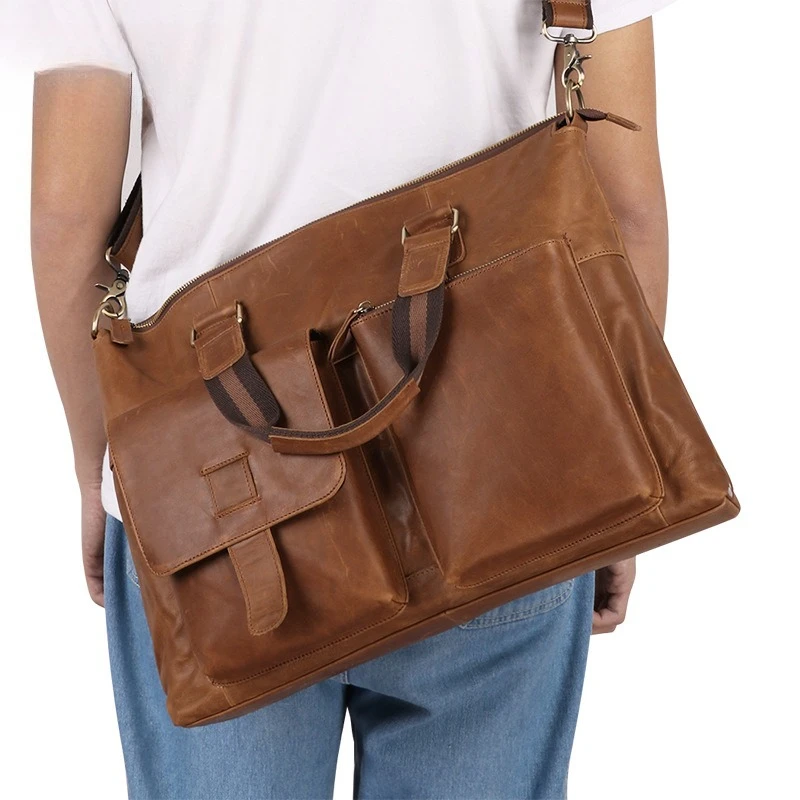 Men's Genuine Leather Business Briefcase 17-Inch Laptop Bag Horizontal Shoulder Cowhide Top Layer