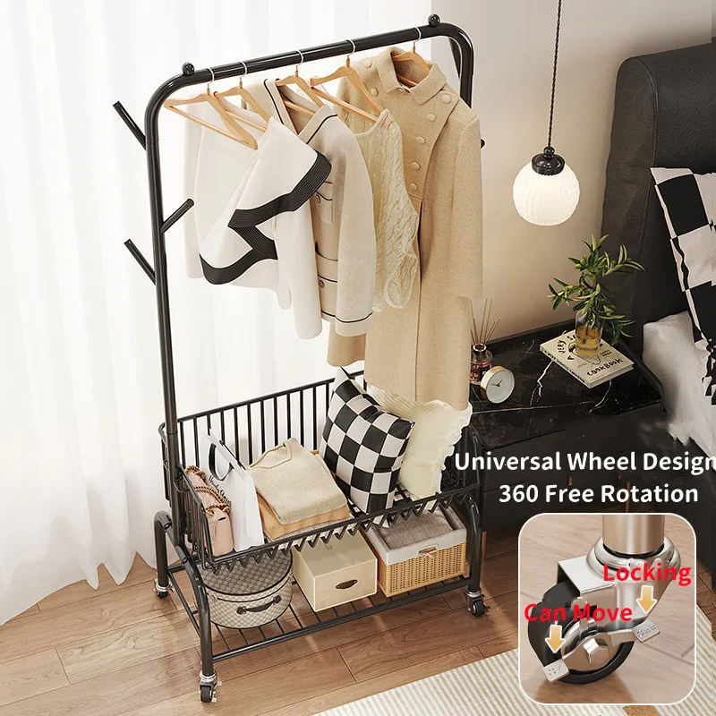 Iron Stand Floor Clothes Rack Bedroom Clothes Handger Removable Clothes Storage Shelf with Storage Basket Corner Coat Rack