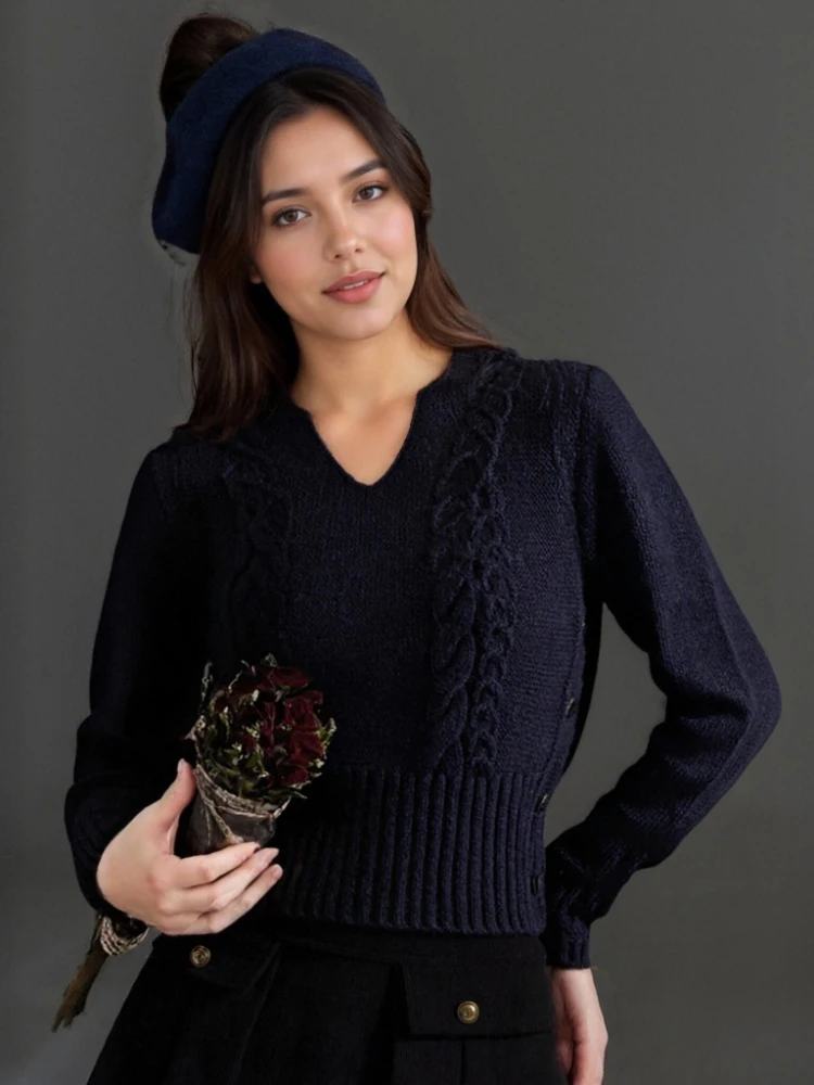 

Новинка 2025, осенне-зимний однотонный свитер с длинными рукавами и v-образным вырезом в стиле ретро, модный повседневный свободный свитер, женский трикотаж в корейском стиле