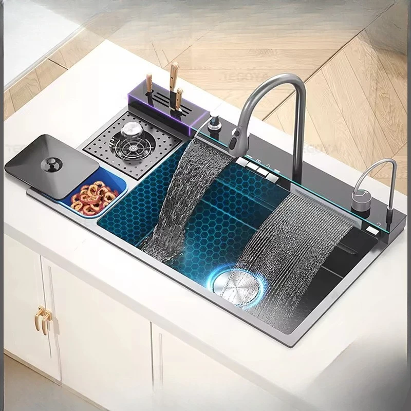 

Large single slot 304 stainless steel kitchen digital display sink with trash can vegetable basin vegetable sink