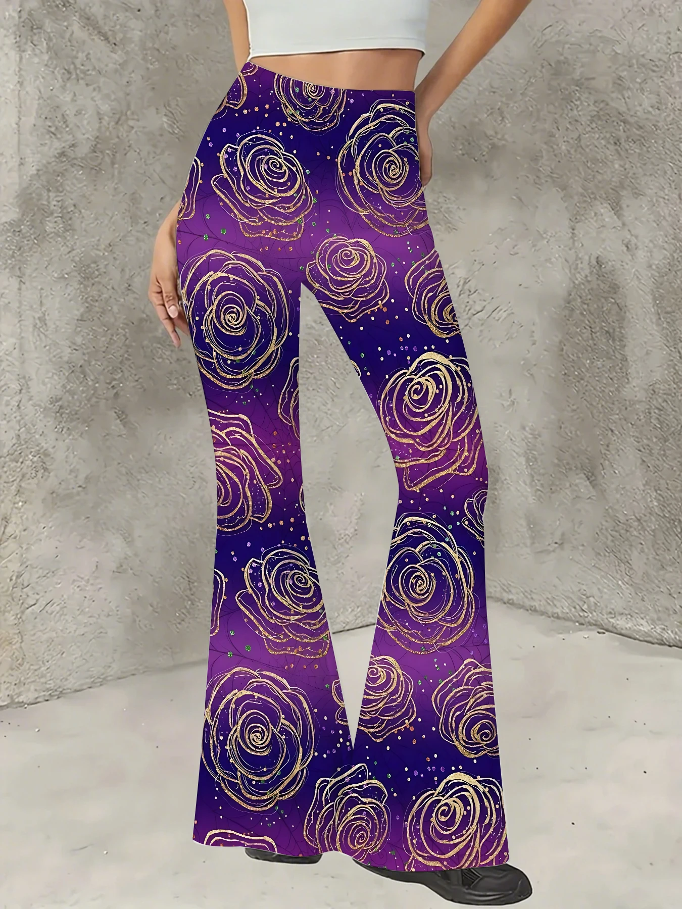 

Women's Boho Printed Flare Pants Vintage Knit High Waist Wide Leg Trousers