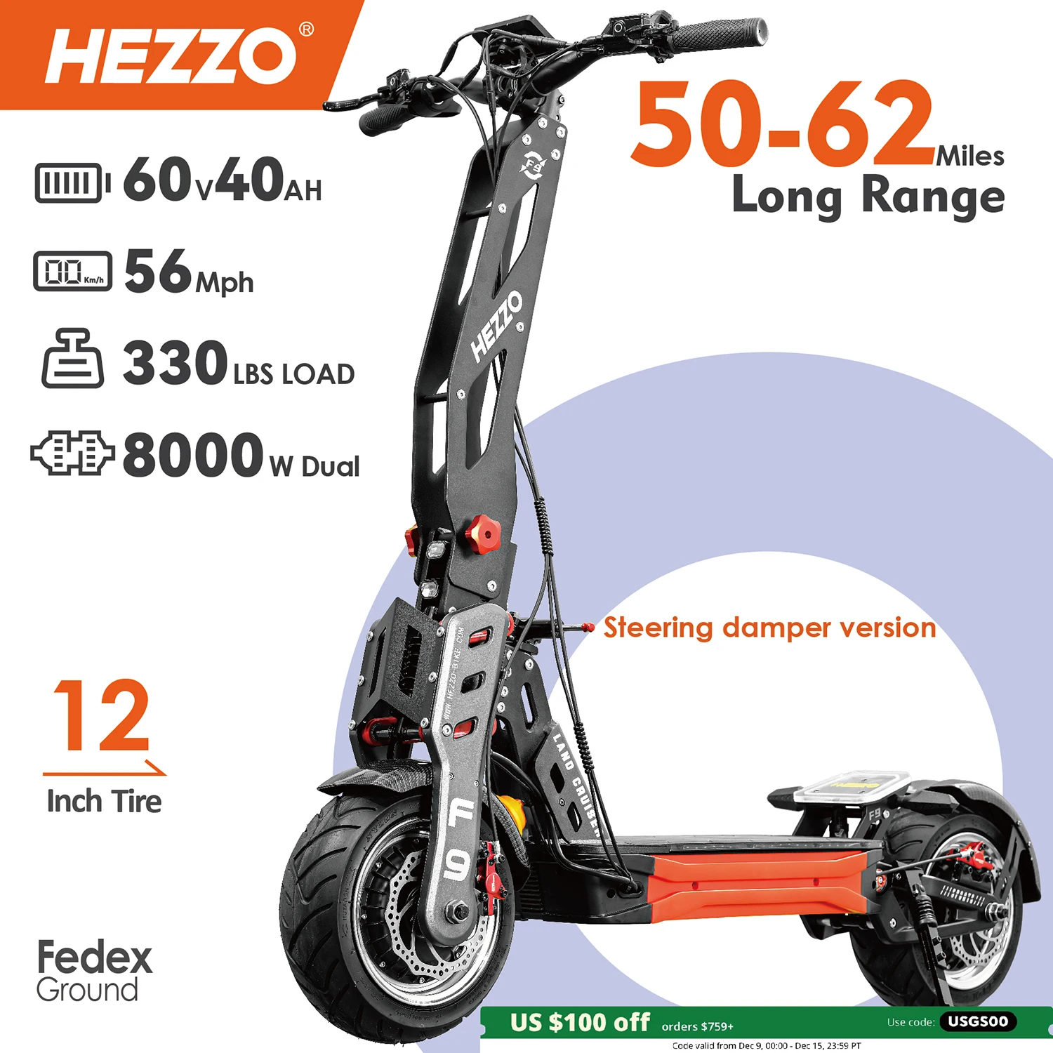 HEZZO 60v 8000w Electric Scooter Off Road F9 40ah Lithium Battery Dual Motor US Warehouse NFC Escooter 12‘’ Fat Tire 62.5MPH LCD