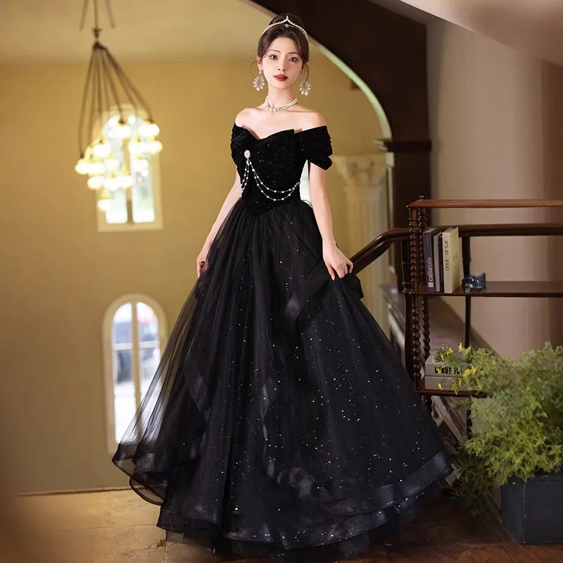 فستان سهرة أسود عصري للولائم 2026 جديد للربيع والصيف فستان طويل أنيق للمضيف امتحان فني فستان عالي الجودة للبالغين