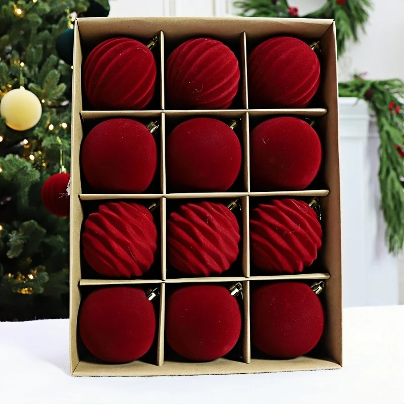 8cm Acacia Red Velvet Christmas Ball Christmas Tree Pendant Christmas Decorations (12 Pieces)