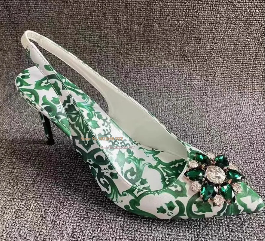 

Stiletto Heels Flower Print Slingback High Heel Pumps Leather Women Pointed Toe Jewelry Bridal Wedding Shoes High Heels