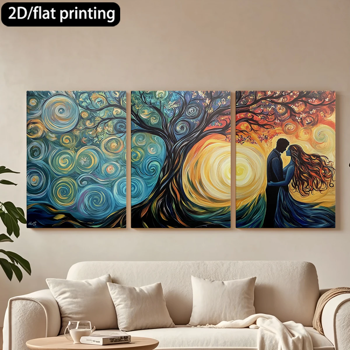 

2D плоская печать, 3-х частная картина на деревянной раме, декоративная живопись, силуэт пары под деревом. Декор для коридора и спальни.