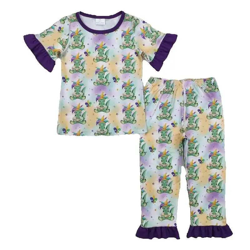 

GSPO1766 Wholesale rts Mardi Gras Crocodile purple lace short-sleeved pant pajama set