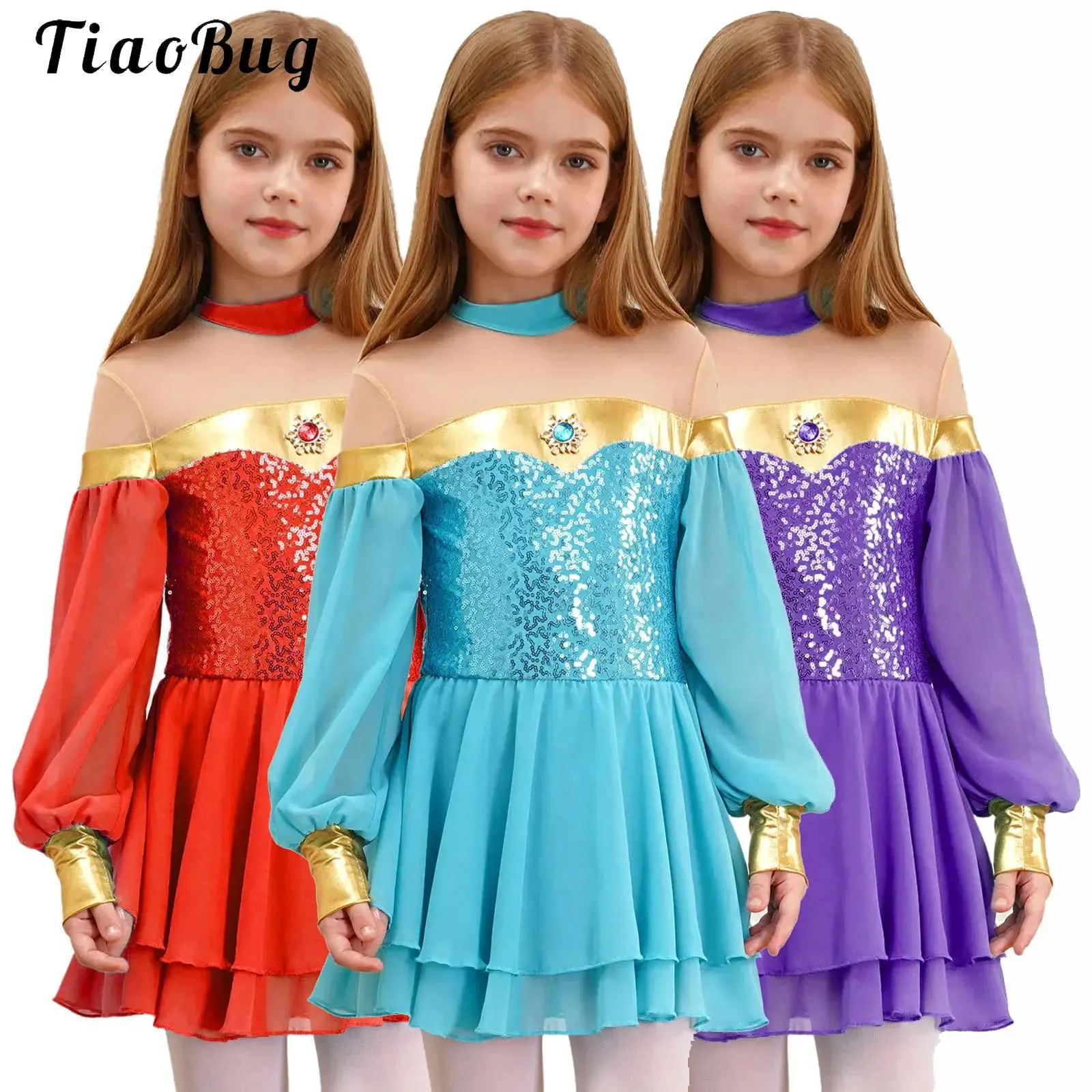Girls Arabian Princess Costume Lantern Sleeve Gemstone Sequins Tulle Dress Kids Halloween Dress Up Carnival Cosplay Costume