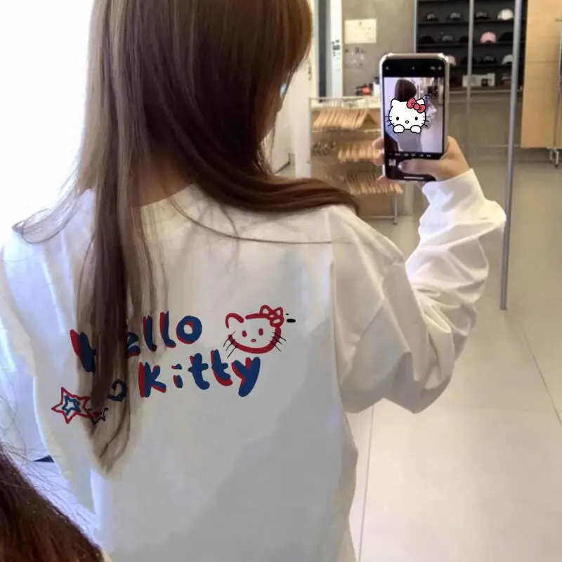 Детская хлопковая футболка с длинными рукавами и принтом Kawaii Anime Kitty Cat Anime Miniso, милая женская повседневная свободная толстовка с капюшоном, игрушки