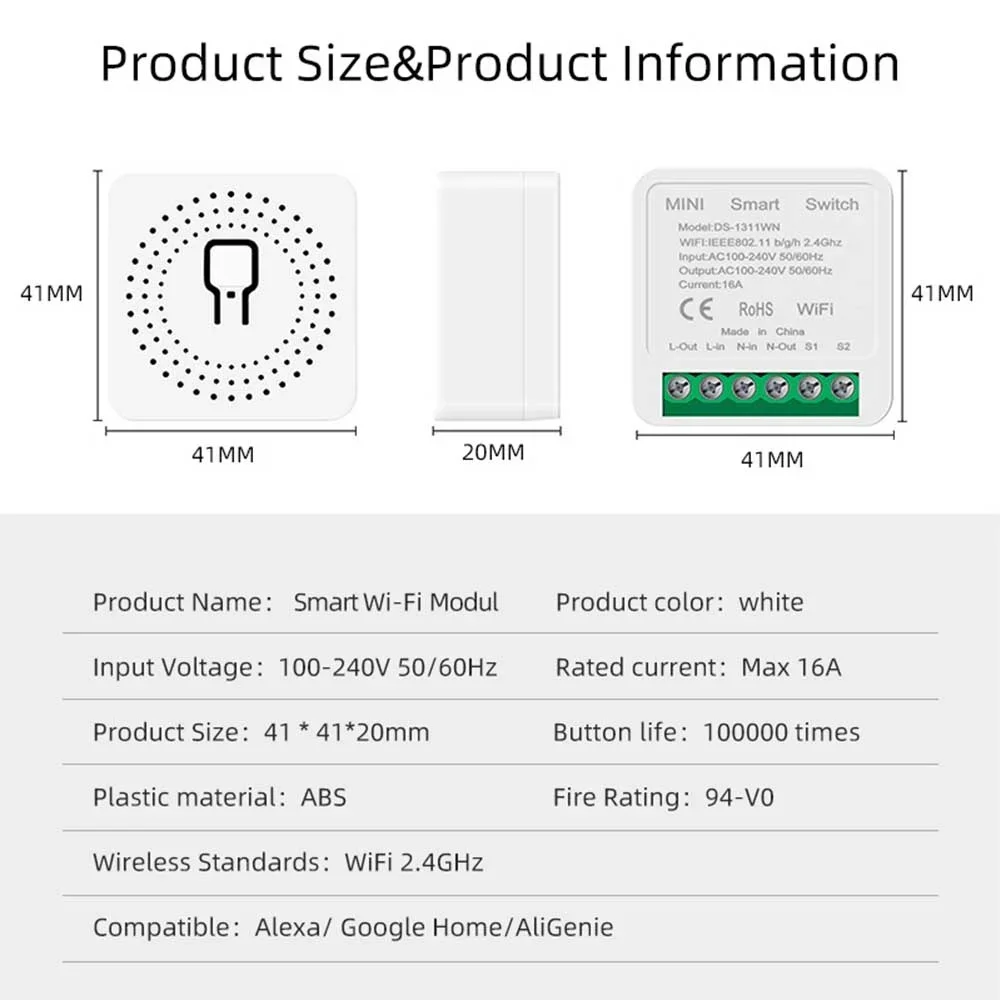 Tuya-interruptor inteligente Wifi, dispositivo inalámbrico con temporizador de Control de 2 vías, automatización del hogar, funciona con voz de Alexa y Google Home, 16A